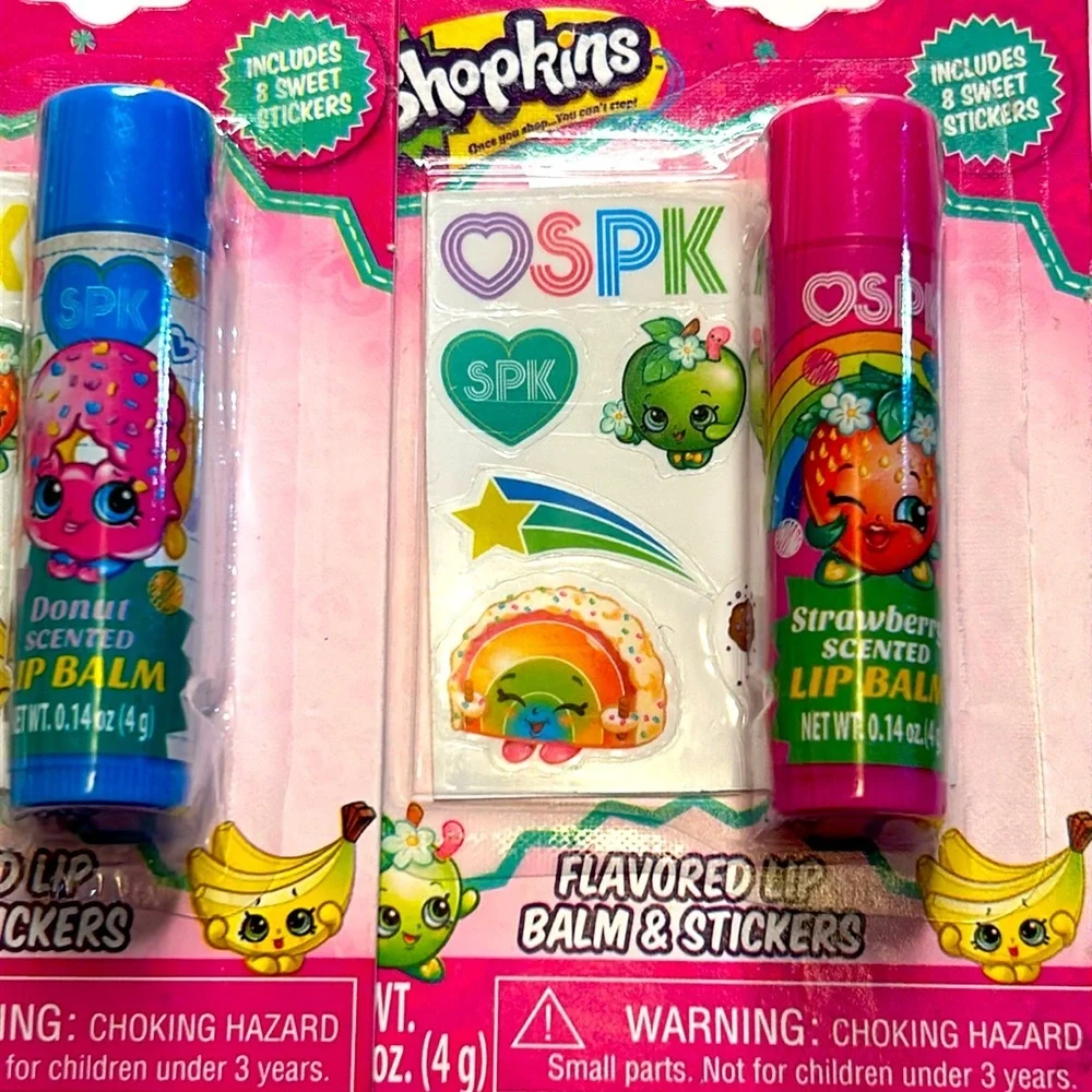Shopkins Lip Balm & Sticker Bundle- D'lish Donut & Strawberry Kiss Quantity of 3